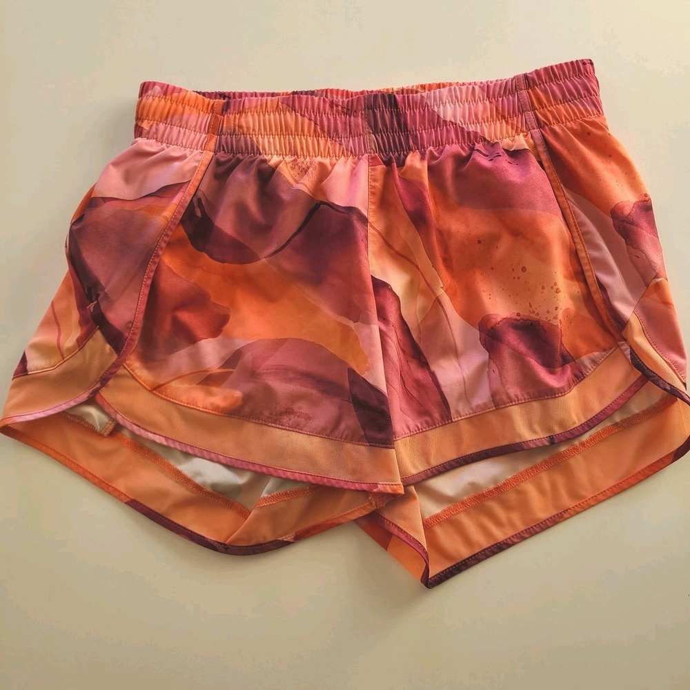 Athleta Women's Printed Mesh Racer Run Shorts Orange Pink Watercolor Sz‎ Small
